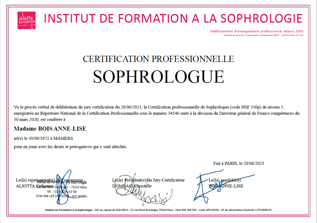 certification de sophrologie AL BOIS